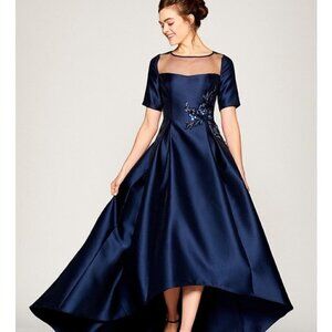 Adrianna Papell Size 8 Sleeves Hi Low Gown Beading Sequins Illusion Navy Blue